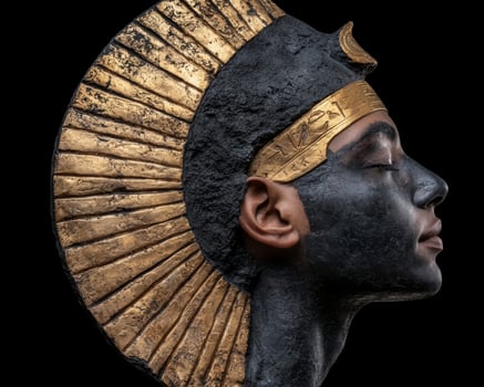 Close up profile view of a person wearing an ancient Egyptian style headdress and black face paint photo