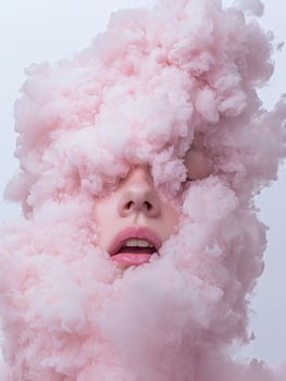 Womans face obscured by pink smoke, dreamy portrait photo