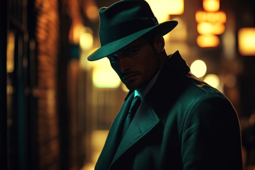 Silhouette of man in hat and coat standing in dark city street photo