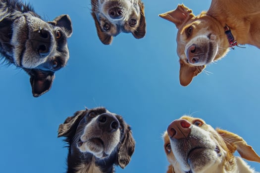 Dogs looking down at camera against blue sky photo