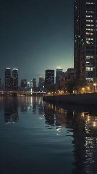 A calm vertical view of city lights shimmering on quiet water, with subdued colors and open areas for text or graphics. photo