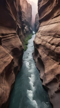 A vertical shot of a river flowing through a narrow canyon, with rugged rock walls and blank areas for text. photo
