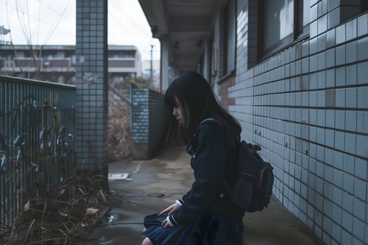 A melancholic young girl in a school uniform sitting alone in an urban setting, with overcast lighting and a reflective, somber atmosphere photo