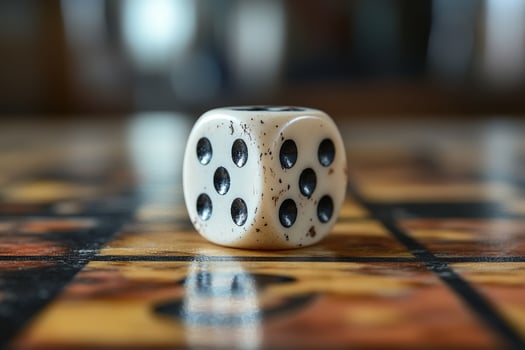 A dice sitting on a board with a blurry background photo