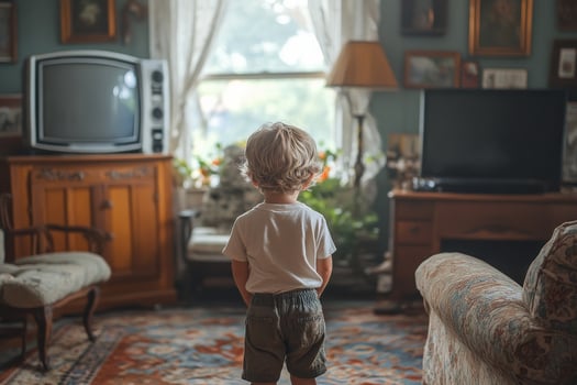 A young boy standing in front of a television photo