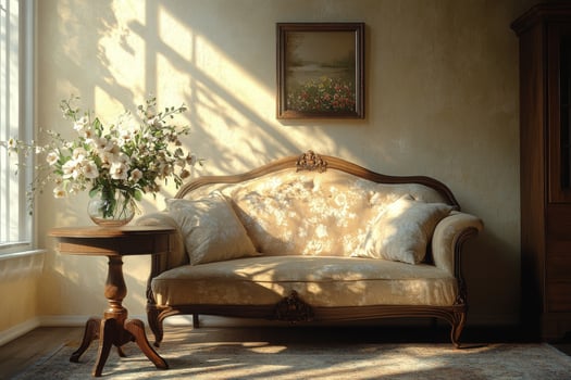 A room with a couch and a table photo