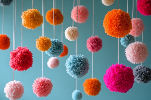 Pom pom decorations hanging from strings photo