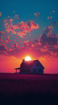 A house in the middle of a field at sunset photo