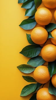 Orange fruit on yellow background with leaves photo