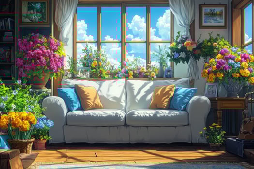 A living room with flowers and a couch photo