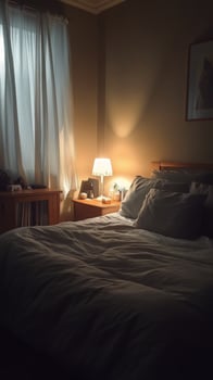 A bed with a lamp and a window photo
