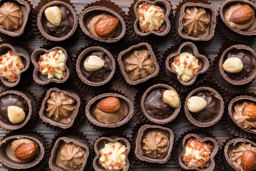 Different kinds of chocolates on colored table close-up. and Flat Lay photo