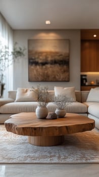 A living room with a large wooden table photo
