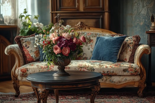 Cozy living room with floral arrangement on coffee table in vintage style photo