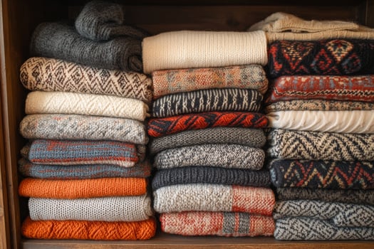 A pile of sweaters in a closet photo