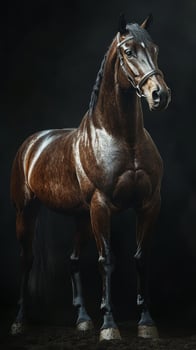A horse is standing in front of a dark background photo