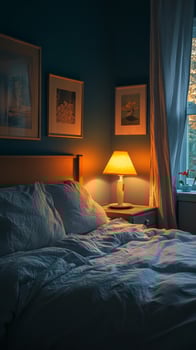A bed with a lamp and pictures on the wall photo