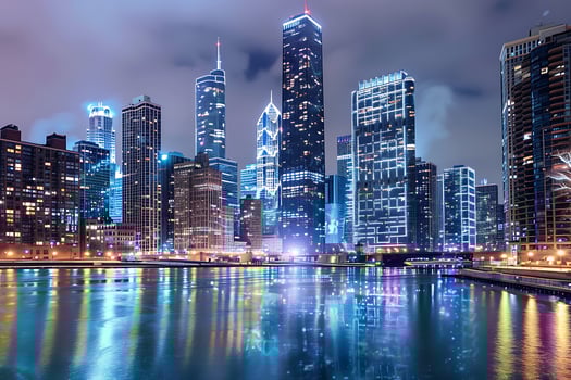Chicago Cityscape Night Lights, Skyscrapers, River Reflection photo