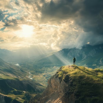 Breathtaking view from a mountainside with a person admiring the vast landscape during golden hour photo