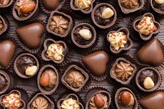 Different kinds of chocolates on colored table close-up. Top View photo