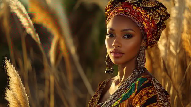 African woman in traditional attire with headwrap, standing in a field of pampas grass, golden hour photo