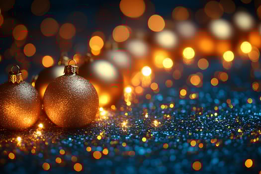 Sparkling Gold Christmas Ornaments Amidst Glowing Holiday Lights for Festive Decor photo