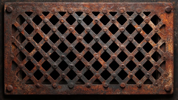 Rustic metal grate with chequered design and weathered patina texture photo