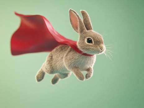 Superhero bunny in mid-flight wearing a vibrant red cape against a soft green background photo