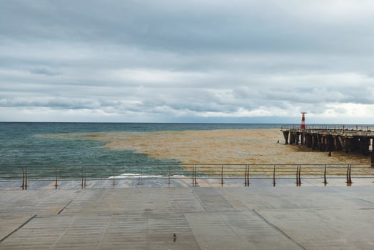 Railings, a barrier on the seashore. Heavy rains turned the sea dirty. photo