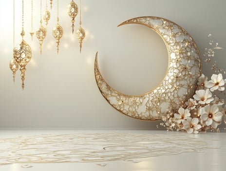 Golden crescent moon and lanterns celebrating ramadan traditions photo