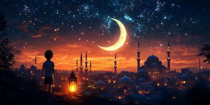 Child holding lantern celebrating ramadan under crescent moon and starry sky photo