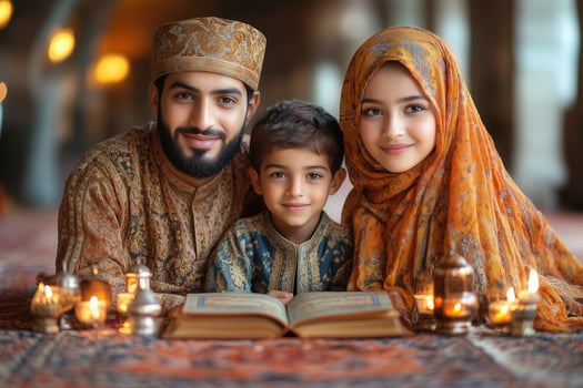 Muslim family praying together during ramadan in mosque photo