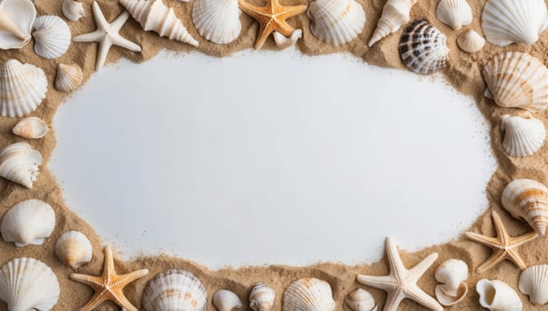 Seashells, starfish, and sand form a coastal border around a white background, evoking a serene beachside aesthetic. photo