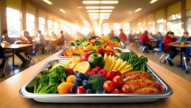 Fresh fruits and bright vegetables fill a school lunch tray, gleaming steel surface set against the lively, bustling cafeteria atmosphere. photo