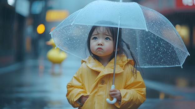 Girl, rain, city, umbrella, street, pensive, Asian, child, raincoat, advertising photo