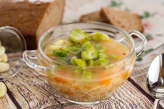 Diet recipe, Hot Broth with Brussels Sprouts and Vegetables photo