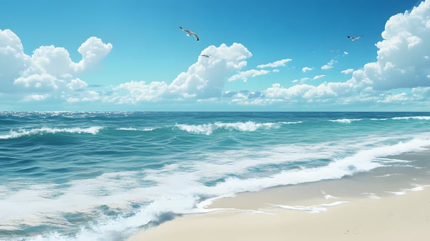 Sunny beach waves, gulls flying, blue sky summer vacation photo