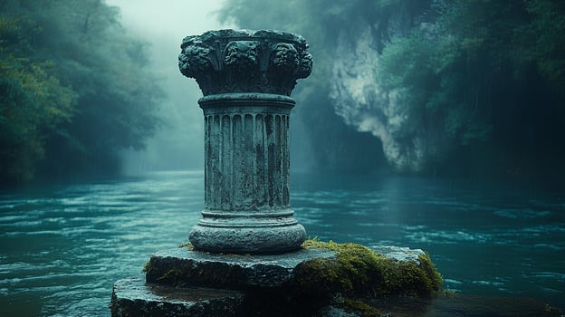 ancient Corinthian column isolated in a serene setting with a flowing river and soft fog perfect for emphasizing the grandeur of Greek and Roman architecture in a melancholic atmosphere photo
