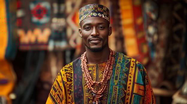 Young African man in traditional clothing, standing in bright market setting. Black History month photo