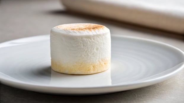 A single marshmallow on a white plate with a blurred background photo