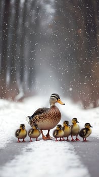 Mother Duck and Ducklings in Winter Snow photo