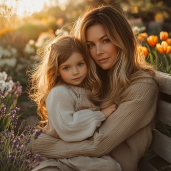 Mother and daughter embrace in scenic garden at sunset photo