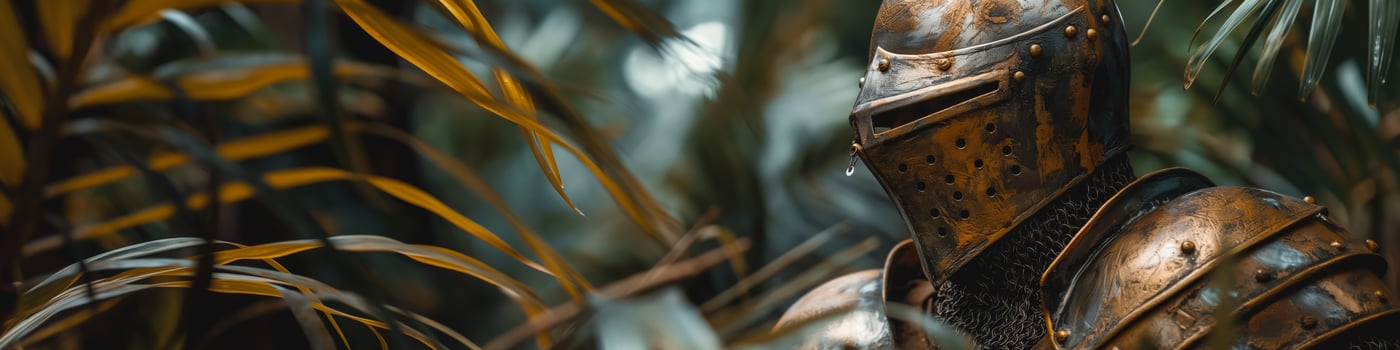 Medieval Knight in Armour Hidden Among Tropical Leaves photo