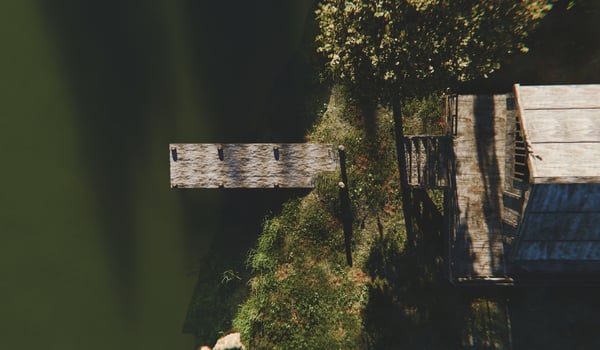 Riverside house, pond, countryside, 3D illustration photo