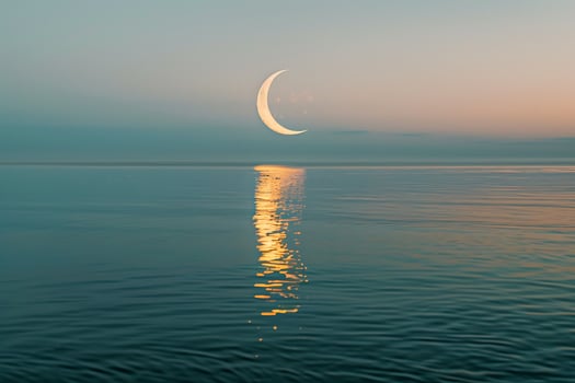 Crescent Moon over Calm Ocean Waters at Sunset Reflection photo