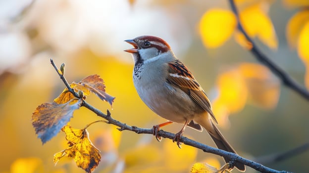 A bird is perched on a branch with leaves in the background photo