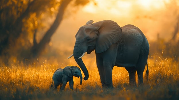 An elephant and her baby are standing in the grass photo