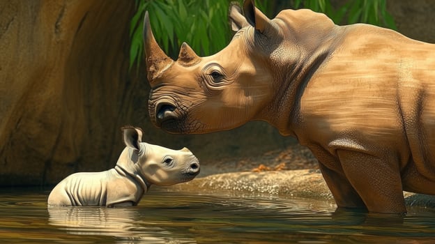 A rhino and baby rhino are in the water photo