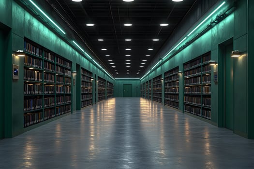 Modern Library Hallway with Illuminated Bookshelves for Educational Design photo
