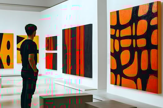 Individual absorbed in vibrant abstract art at an indoor gallery during an afternoon visit to a contemporary art exhibition photo
